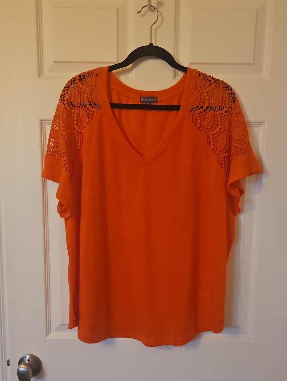 Bright Orange V-Neck Crochet Shoulder Tee